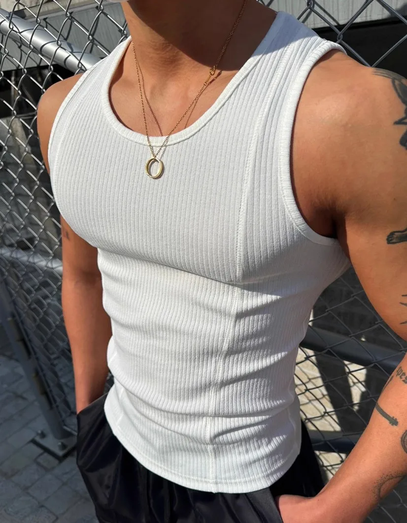 Fitness Vertikal gestreifte I-förmige Weste mit dickem Gewinde Hochelastische enge ärmellose Weste Schnell trocknend und kühle Sensation – Detail 9