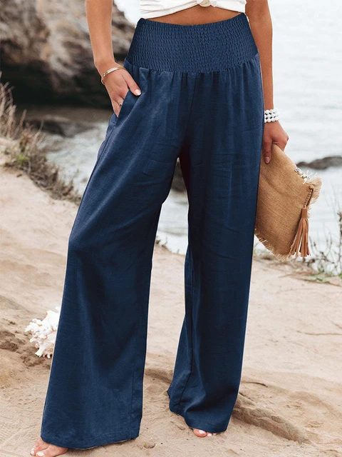 Pantalon taille haute en coton et lin pour femme, taille haute, jambes larges, élastique, rétro, mode décontractée, printemps été 3