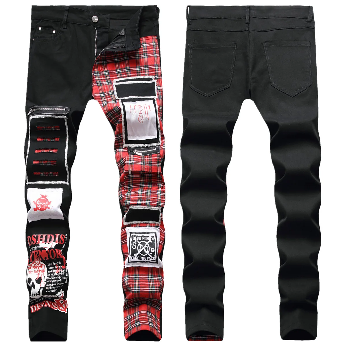 Slim Fit Skinny Pattern Patchwork Plaid Denim Punk Rippied Rocker Biker  Jeans For Men Boys - Jeans - AliExpress