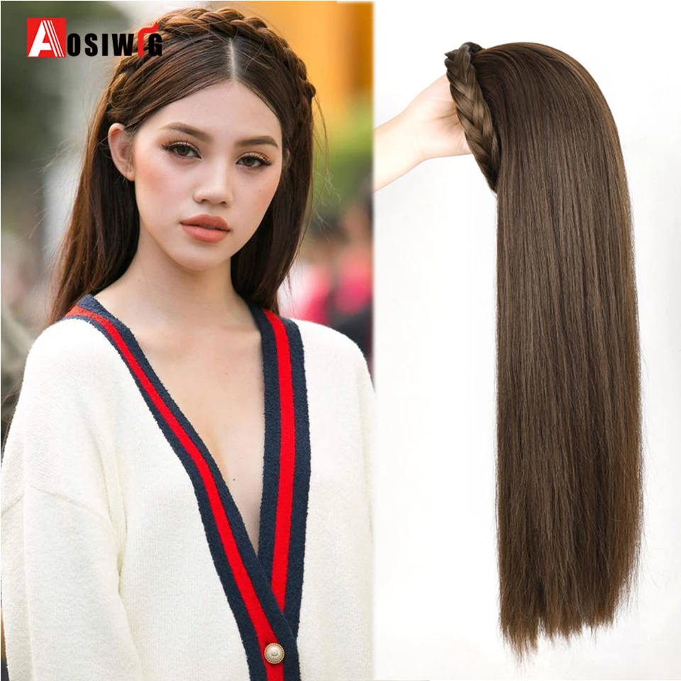 

AOSIWIG Synthetic Long Straight Headband Wig Light Brown Women's With Twist Braid Hairband Accessories Natural Half Wig