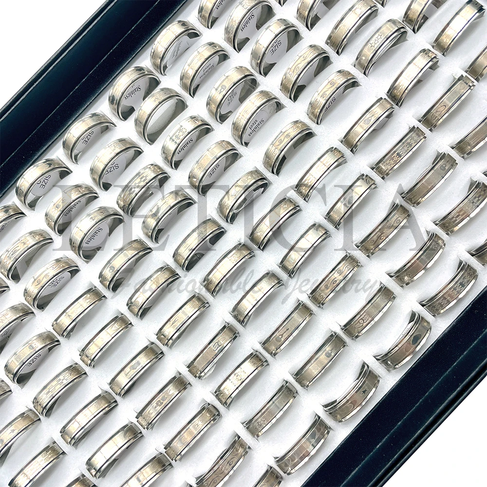 

50/100pcs Silver Rotatable Pattern Stainless Steel Ring Men's and Women's Same Style Titanium Steel Ring Set Fashion Party Gifts