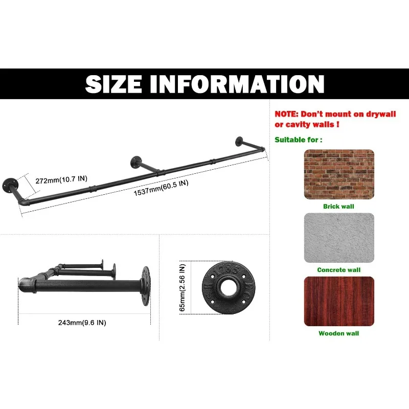 Industrial Pipe Clothes Rack, Heavy Duty Detachable Iron Garment Rack Wall Mounted 2