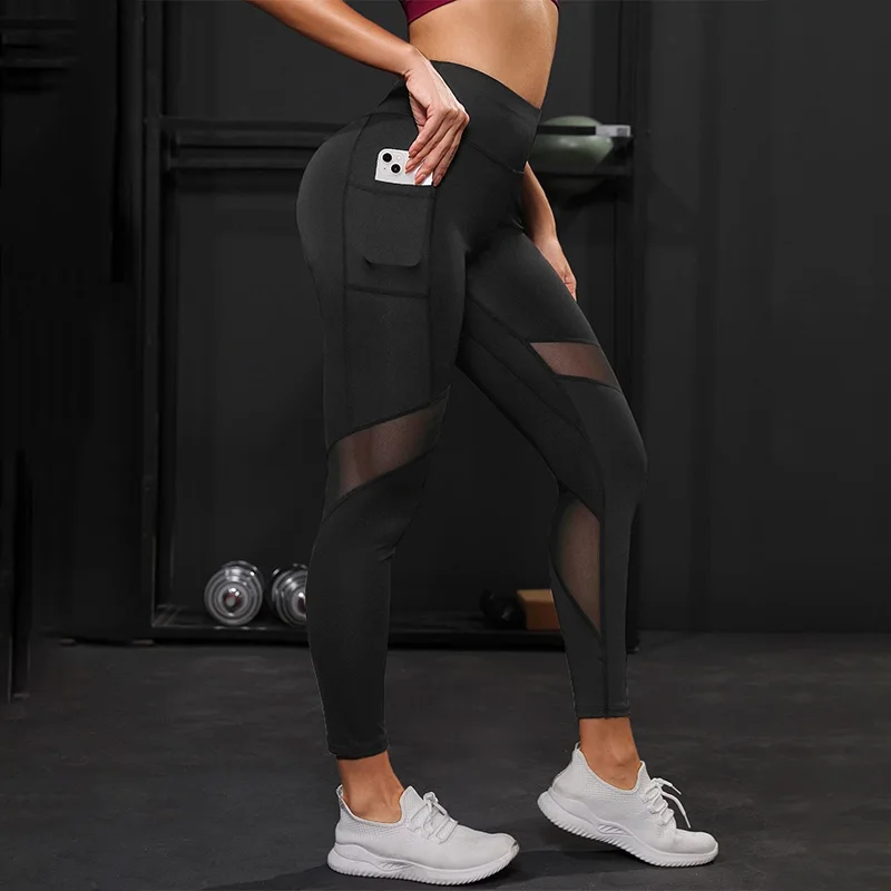 Sports Leggings Yoga Pants Women Mesh High Waist With Pockets Tummy Control Workout