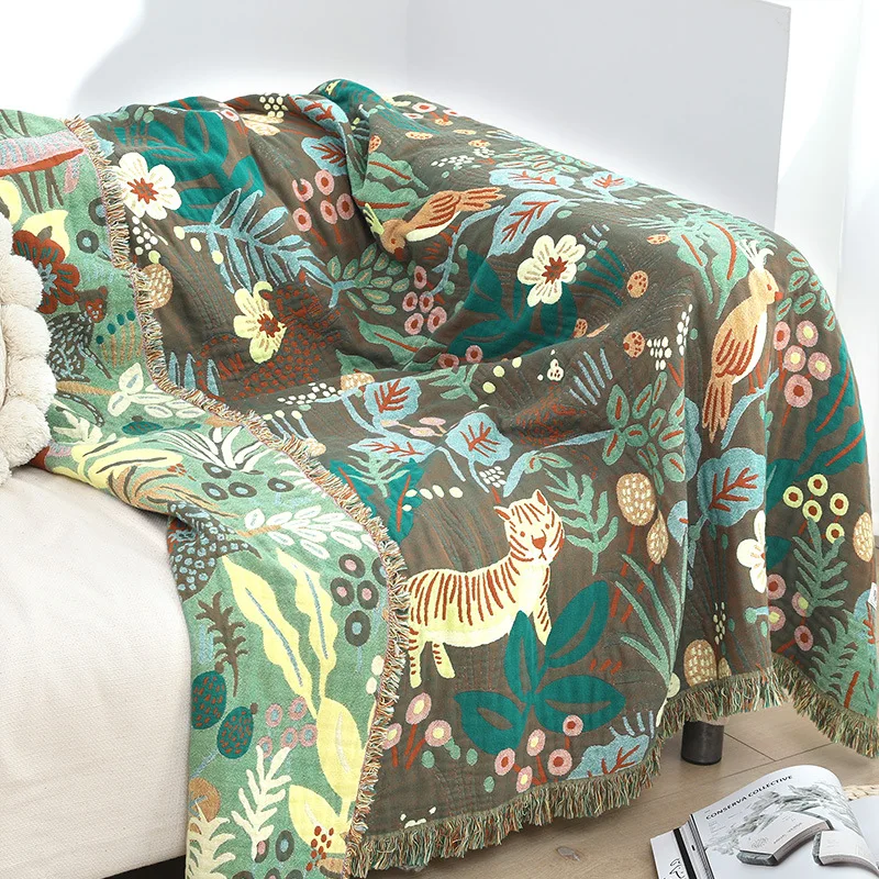 

Ins Tiger Tree Flower Cotton Quality Double-Sided Bedspread Throw Blanket Tapestry Outdoor Camp Travel Beach Towels Sofa Cover