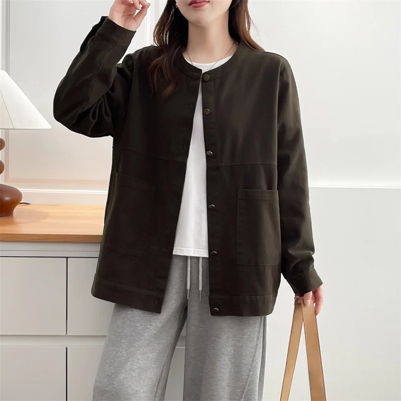 XXXXL Fashion Plus Size Women's Jacket 2025 Autumn New Simple Casual Cardigan O-Neck Long Sleeve Twill Coat 8853
