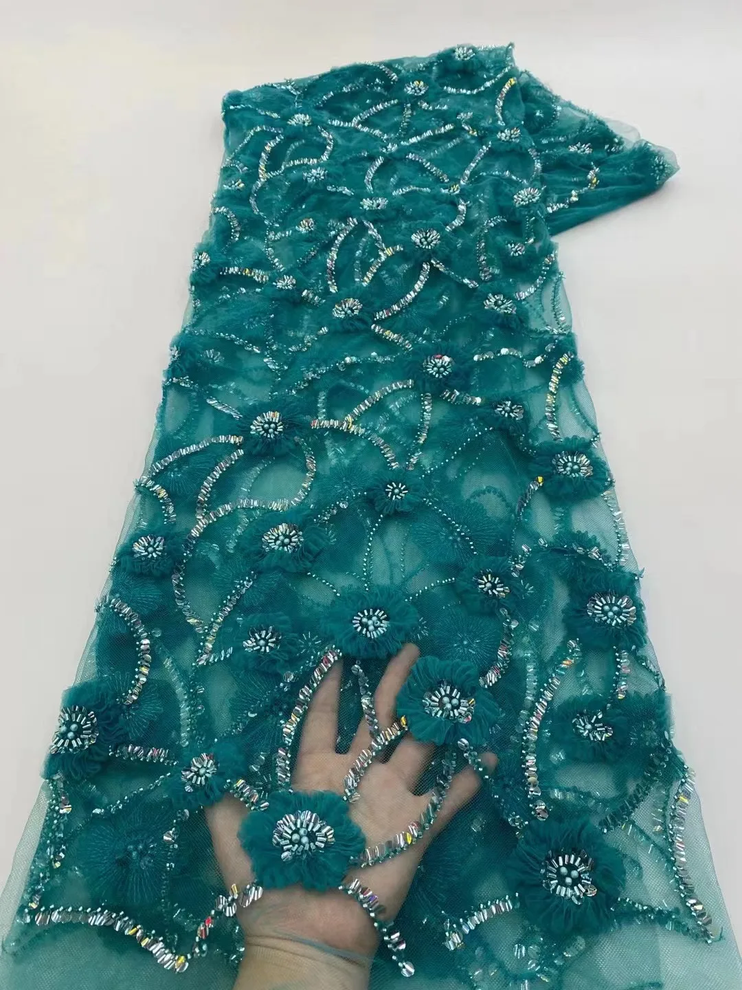 

2018 New Style African Lace Fabric Blue High Quality 3D Flowers French Lace Wedding Nigeria Embroidered Party Dress
