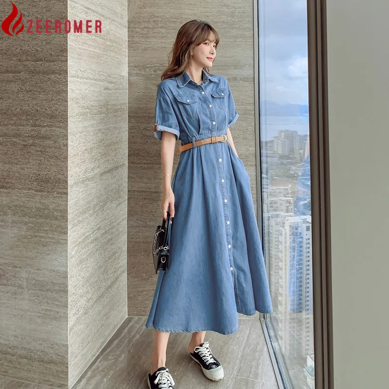 Women Denim Dress Vintage Turn-Down Collar Pockets Single Breasted