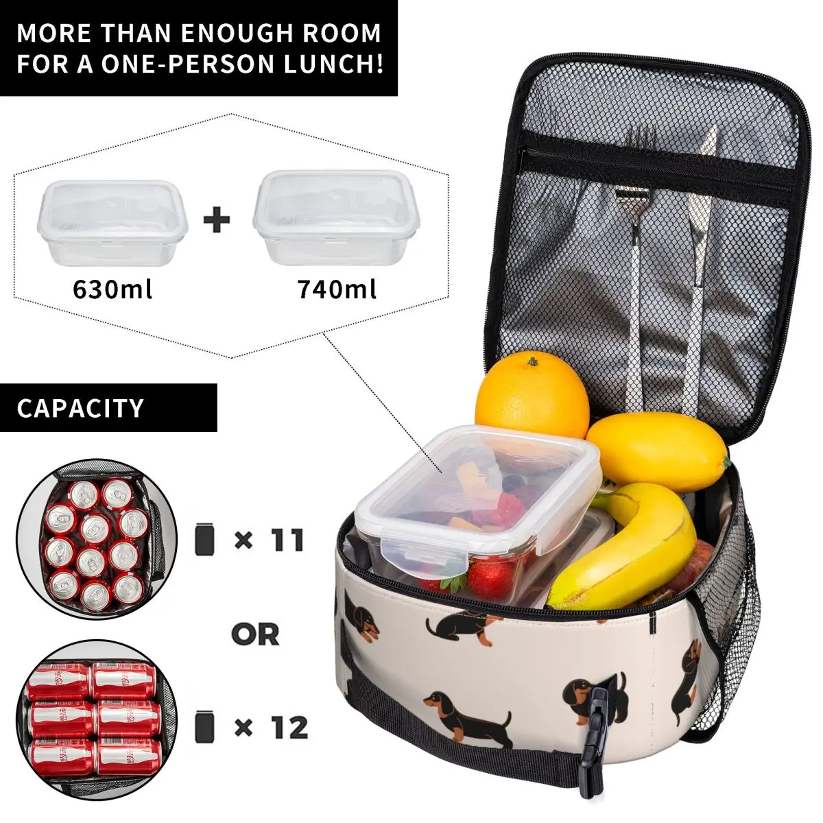 Cartoon Dachshund Insulated Lunch Bag Leakproof Gift Animal Dog Meal Container Thermal Bag Lunch Box Tote Beach Picnic