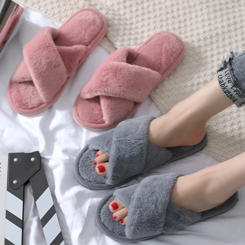 

Fashion Women Cross Plush Slippers Autumn And Winter New Indoor Warm Cotton Slides Thickened Leaky Toe Hairy Flats