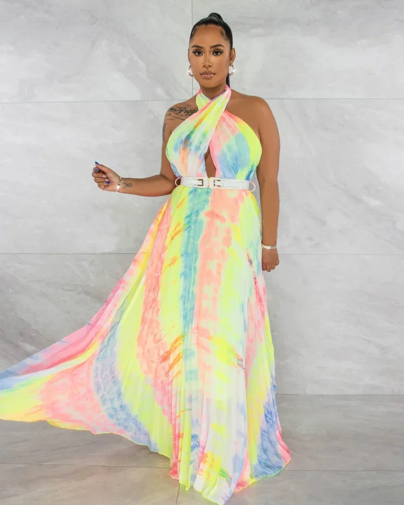 

WUHE Tie Dye Halter Backless Pleated with Belt Big Swing Maxi Long Dress 2024 Women Fashion Beach Evening Sexy Party Dresses