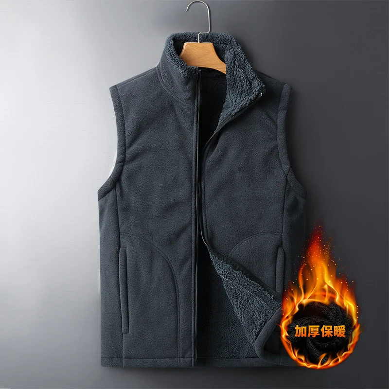 Men's Autumn Winter Fashion Casual Thick Sleeveless Solid Color Stand Collar Pockets Warm Cardigan Zipper Middle-aged Vest Coat