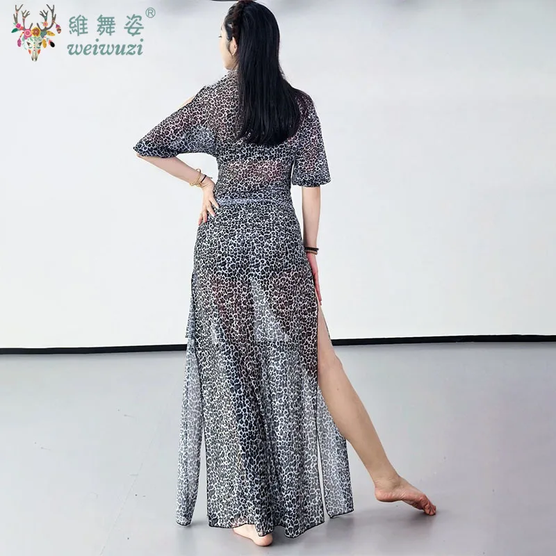 Belly Dance Practice Costume Leopard print mesh Dress Baladi Robe Shaabi Robe Clothes Folk Dress Oriental Performances Clothing