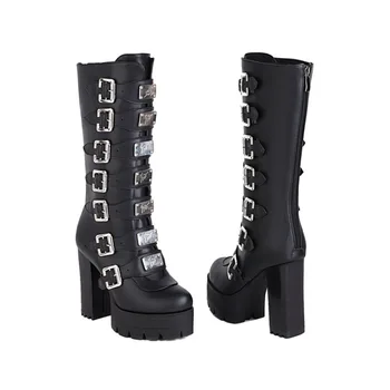Punk Gothic Solid Black Multi-buckle Strap Designer Women's Winter Warm Shoes Western Platform Block High Heels Mid-calf Boots