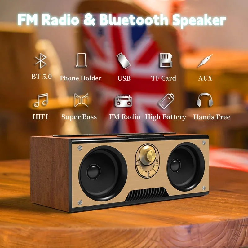 

Портативная колонка KM7 Caixa De Som с высокой громкостью, FM-радио, Деревянная Классическая Беспроводная Bluetooth-колонка, уличный сабвуфер, USB/AUX