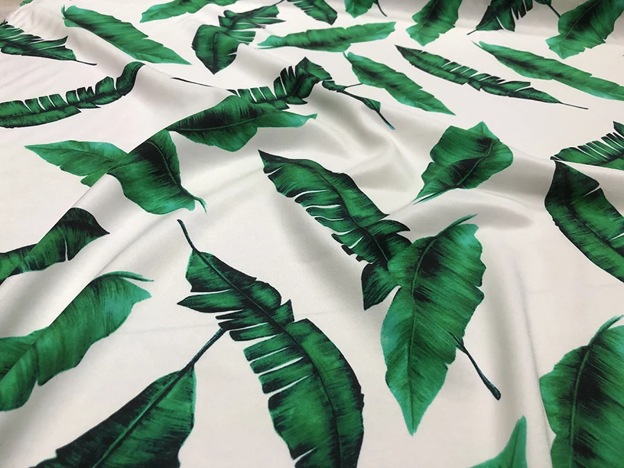 

30 Momme Elastic Heavy Crepe High Quality Real Silk Clothing Fabric Green Leaves Spray Painting Designer Dress