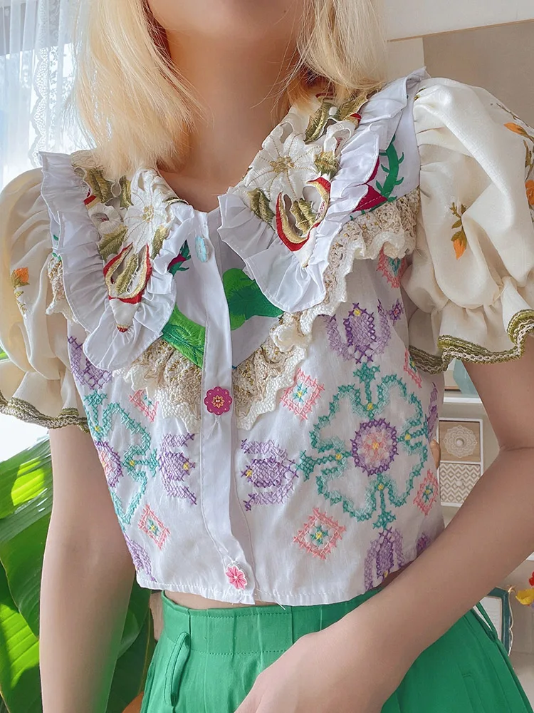Women's Floral Short-Sleeve Shirts 2024 Summer Embroidery Short Top High Street Slim Fit Versatile Single Row Multi-Buckle Tops