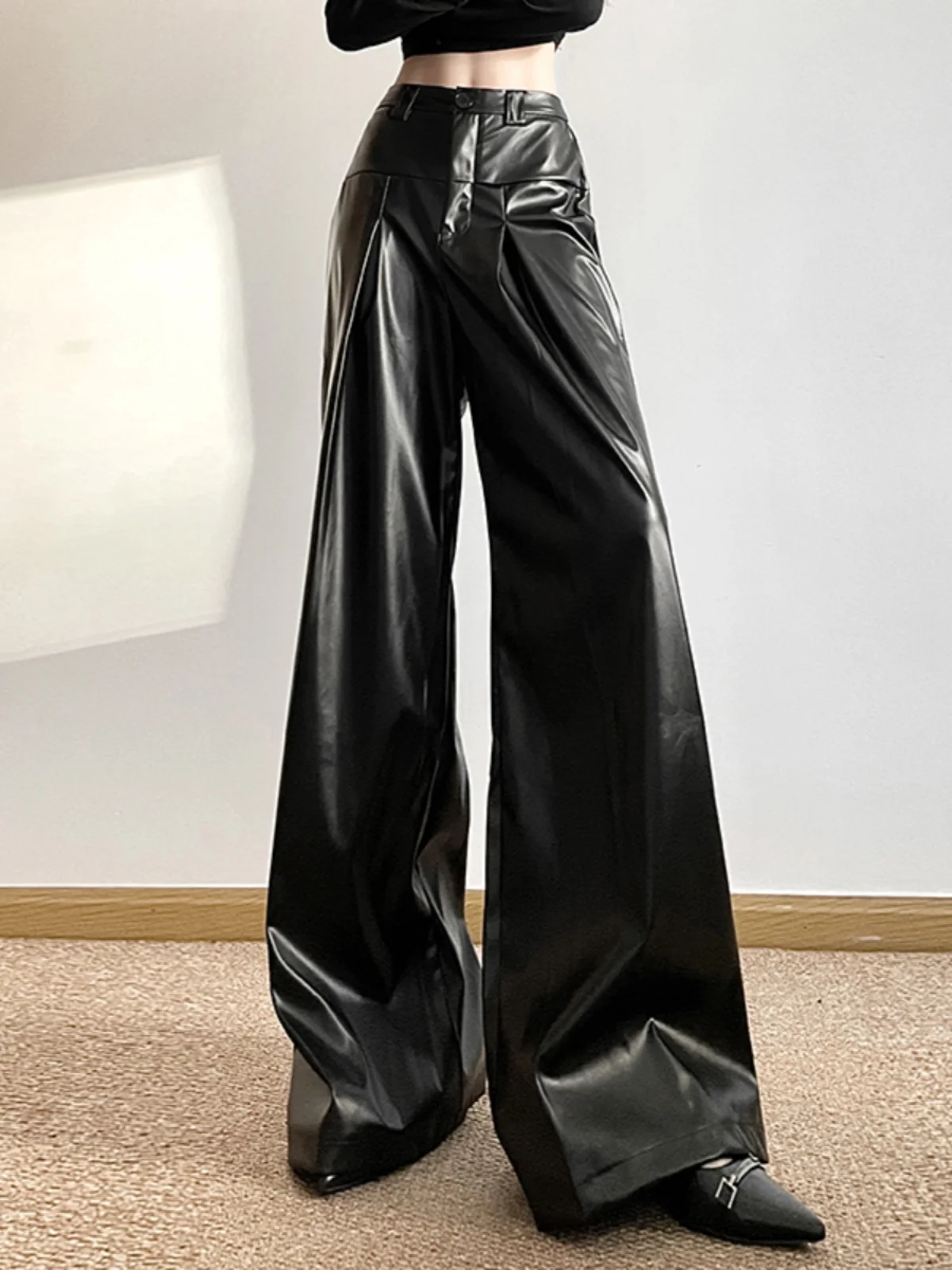 Hot Girl Style Simple Pu Leather Wide-Leg Pants 2024 Spring New Ins Fashion Women's Loose Black High Waist All-Matching Trousers