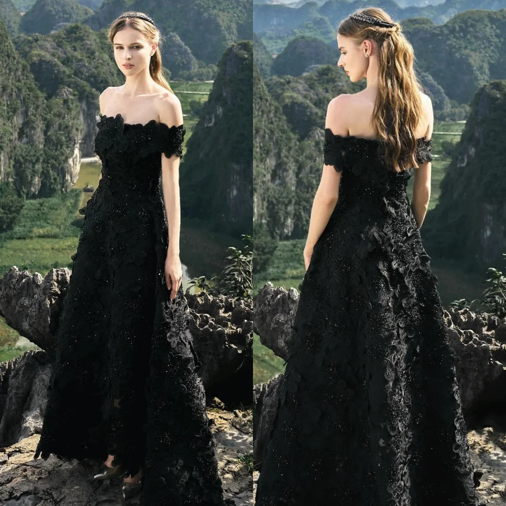 

Lace Sequined Flower Beading Ruched Engagement A-line Off-the-shoulder Bespoke Occasion Gown Long Dresses