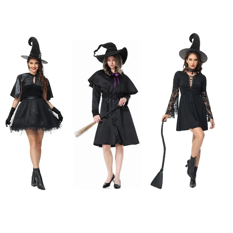

Женский костюм знаковой ведьмы на Хэллоуин, страшное платье вампира для взрослых, карнавальное платье для выступления на сцене, волшебное платье для косплея с шляпой