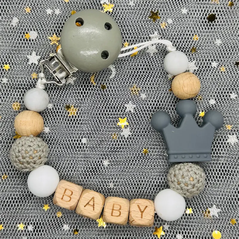 Name Personalise Beech Baby Boy Girl Pacifier Clips Holder Chain Chew Silicone Crown Infant Newborn Teether Teething Gift pacifier clip pacifier chain pacifier accessories teether clip baby silicone accessories