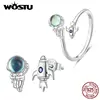 WOSTU 925 Sterling Siler Creative Spaceman Spacecraft Asymmetric Opening Rings Rainbow Stud Earrings Girl Birthday Jewelry Gift 1