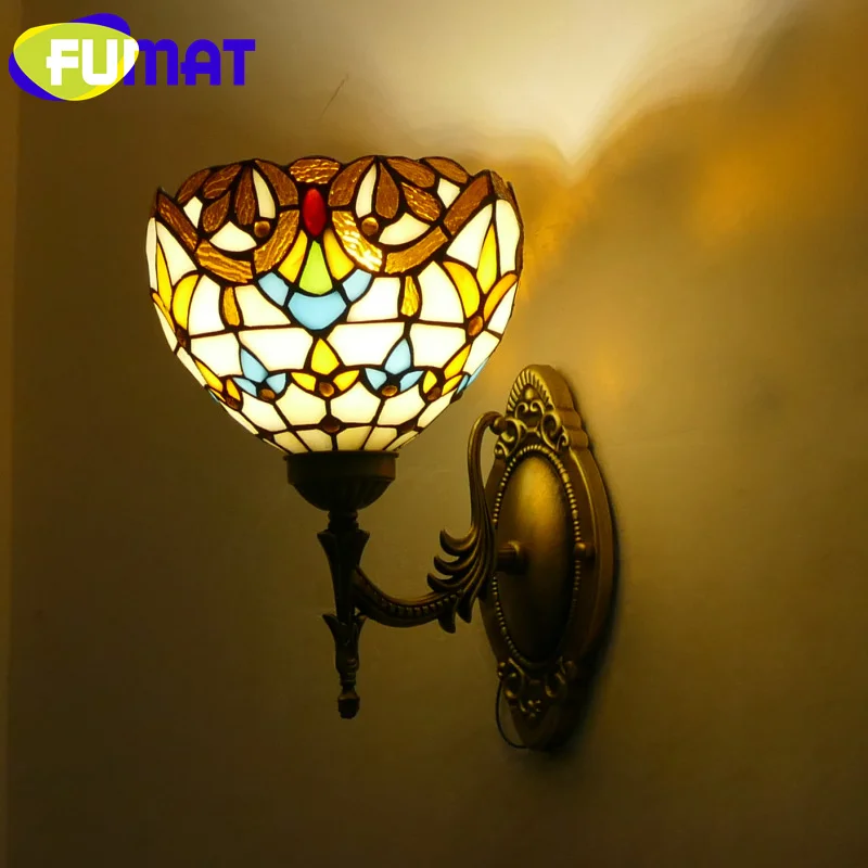 

FUMAT Tiffany style stained glass Baroque 8inch 2 head wall lamp for hotel cafe bedroom study corridor LED decor sconce light