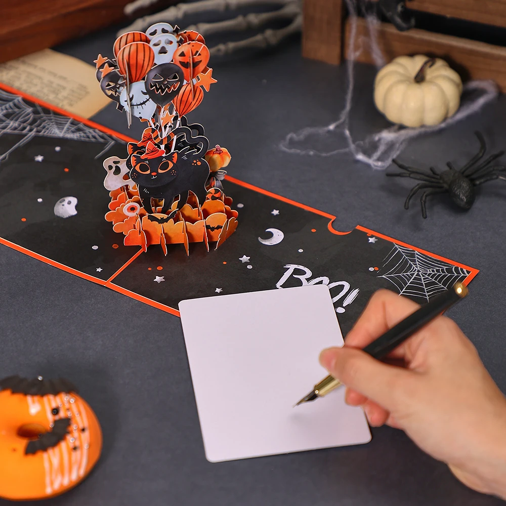 Halloween Greeting Card Balloon Black Cat Pop Up 3D Greetings Card Postcard Lovely Gifts For Friends Kids Couple
