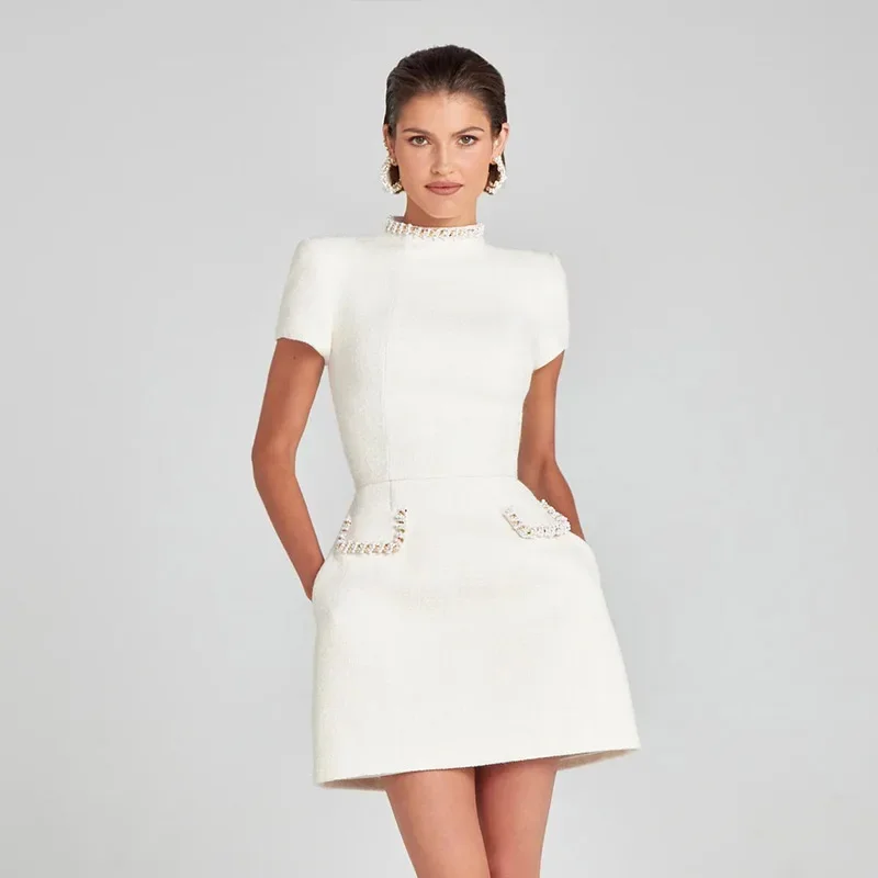 Elegant Tweed Short Party Dress Women Long Sleeve Square Collar Fake Pocket Evening Dresses Autumn Shiny Slim A-line Robes