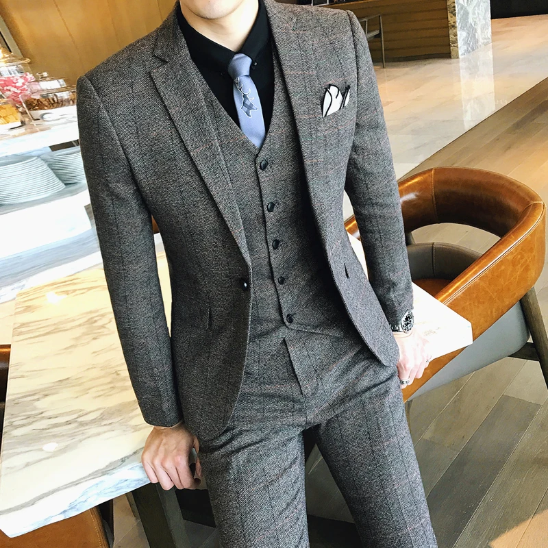 

Jacket + Vest + Pants New Mens Fashion Boutique Plaid Casual Business Suit High-end Brand Men's Formal Suit Groom Wedding Suit