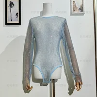 Fashionable Sexy Performance Clothes Mesh Hollow Jumpsuit Round Neck Perspective Long Sleeve Sparkling Bottoming Shirt for Women - Image 3