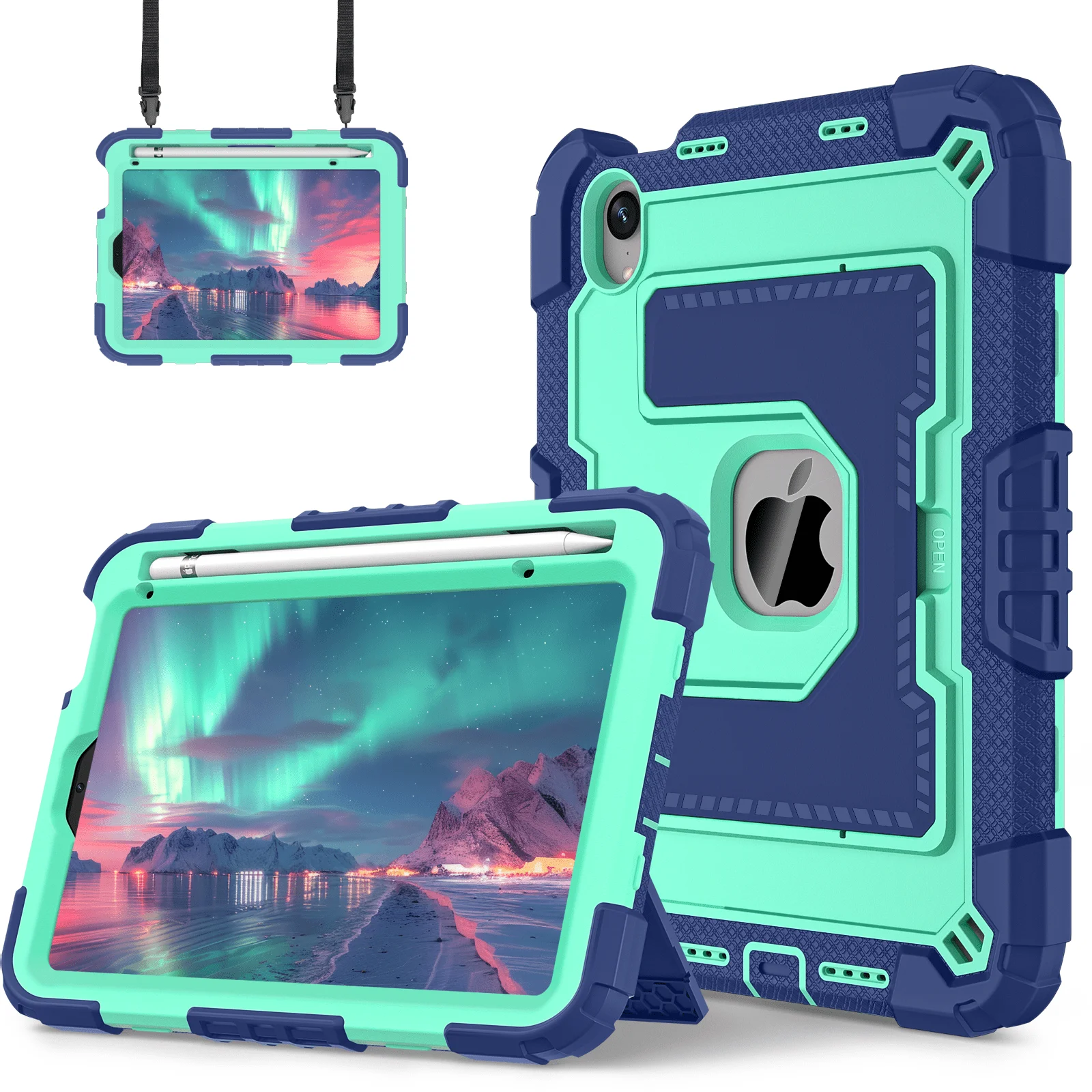 Shockproof iPad Mini Case with Handle Stand and Pen Tray - Non-toxic Soft Silicone Protective Cover with Shoulder Straps