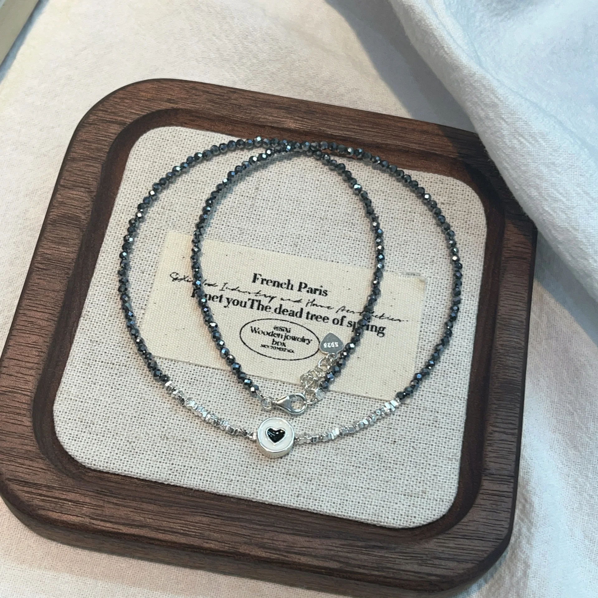 BPOYB Luxury Black Crystal Heart Pendant Natural Gemstones S925 Sterling Silver Beads Chain Necklace For Women Designer Handmade