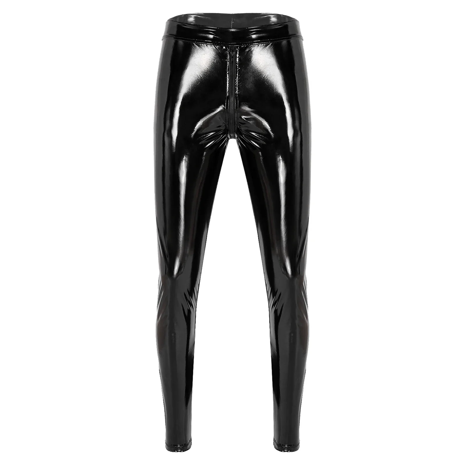 Mens Zipper Crotch Skinny Trousers Clubwear Patent Leather Moto Biker Skinny Pants Leggings Motorcycling Party Tights Pants