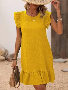 Abito estivo da donna con scollo a V, abito estivo da spiaggia a pieghe, manica con volant, mini abito a cuore, eleganti abiti verdi per le donne 1