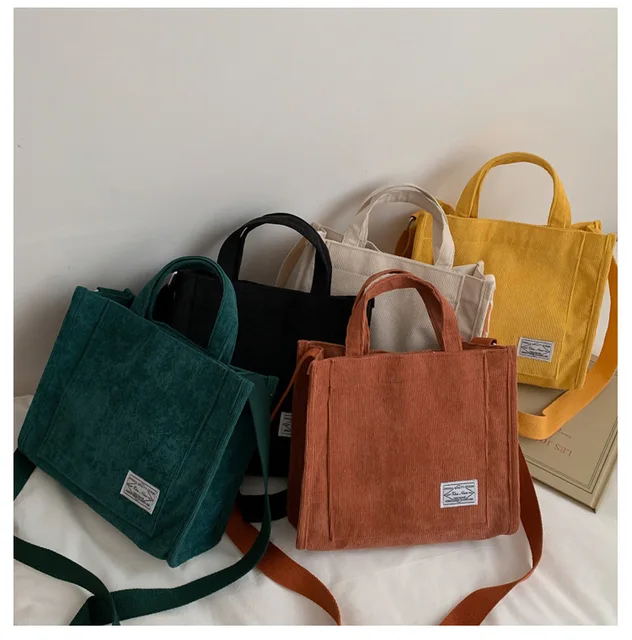Kvinner Corduroy Glidelås Skulderveske Liten bomullslerrets håndveske Casual Tote Dame Eco Crossbody Bag Vintage Messenger Bags 1