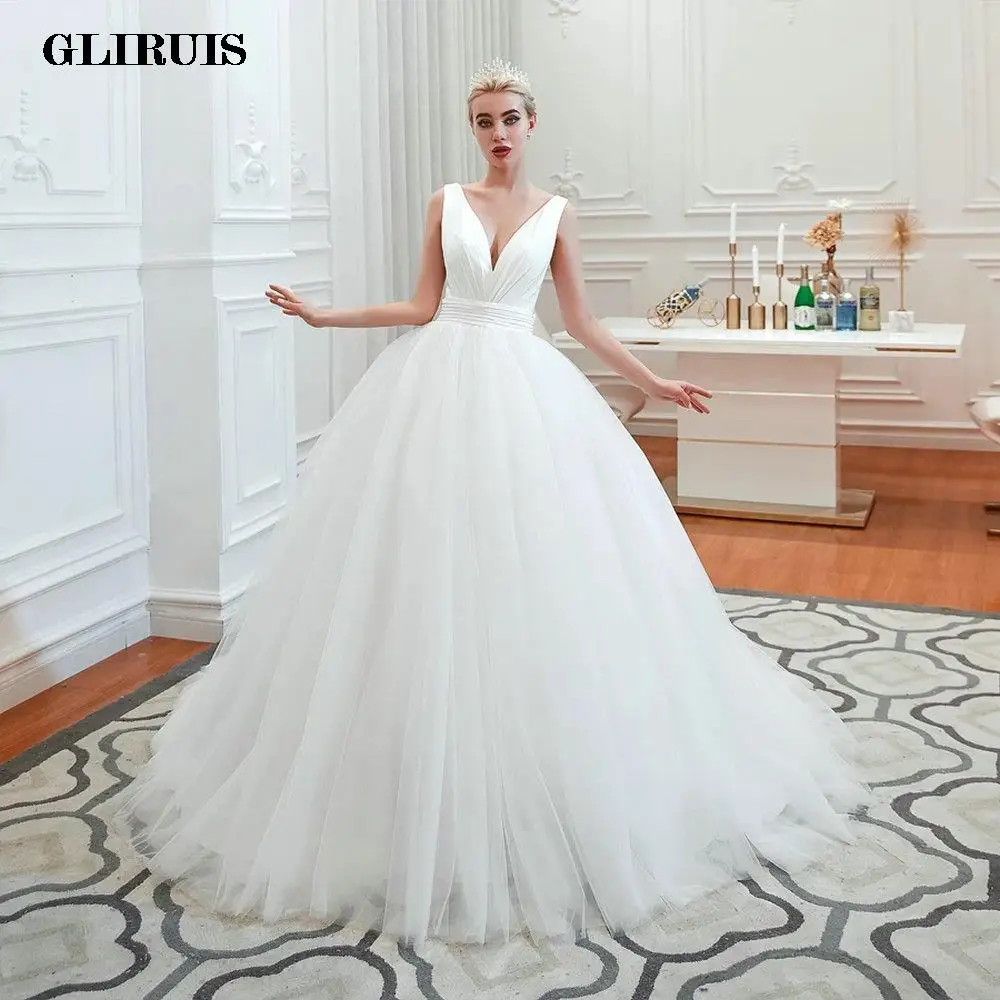 2022-puffy-tulle-simple-wedding-ball-dress-v-neck-elegant-satin-backless-corset-closure-bridal-gown