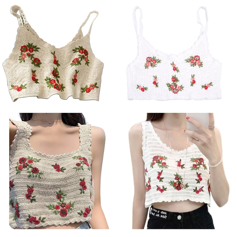 

Women Summer Hollow Crochet Knit Camisole Vest Bohemian Floral Leaves Embroidery Sleeveless Short Crop Top Bralette Strappy