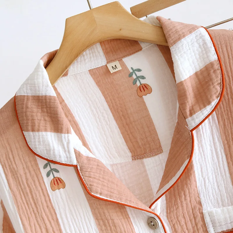 2023 New Summer Women's Pajama Set Cotton Crepe Short Sleeve Shorts Two Piece Set Vertical Striped Simple Home Furnishing