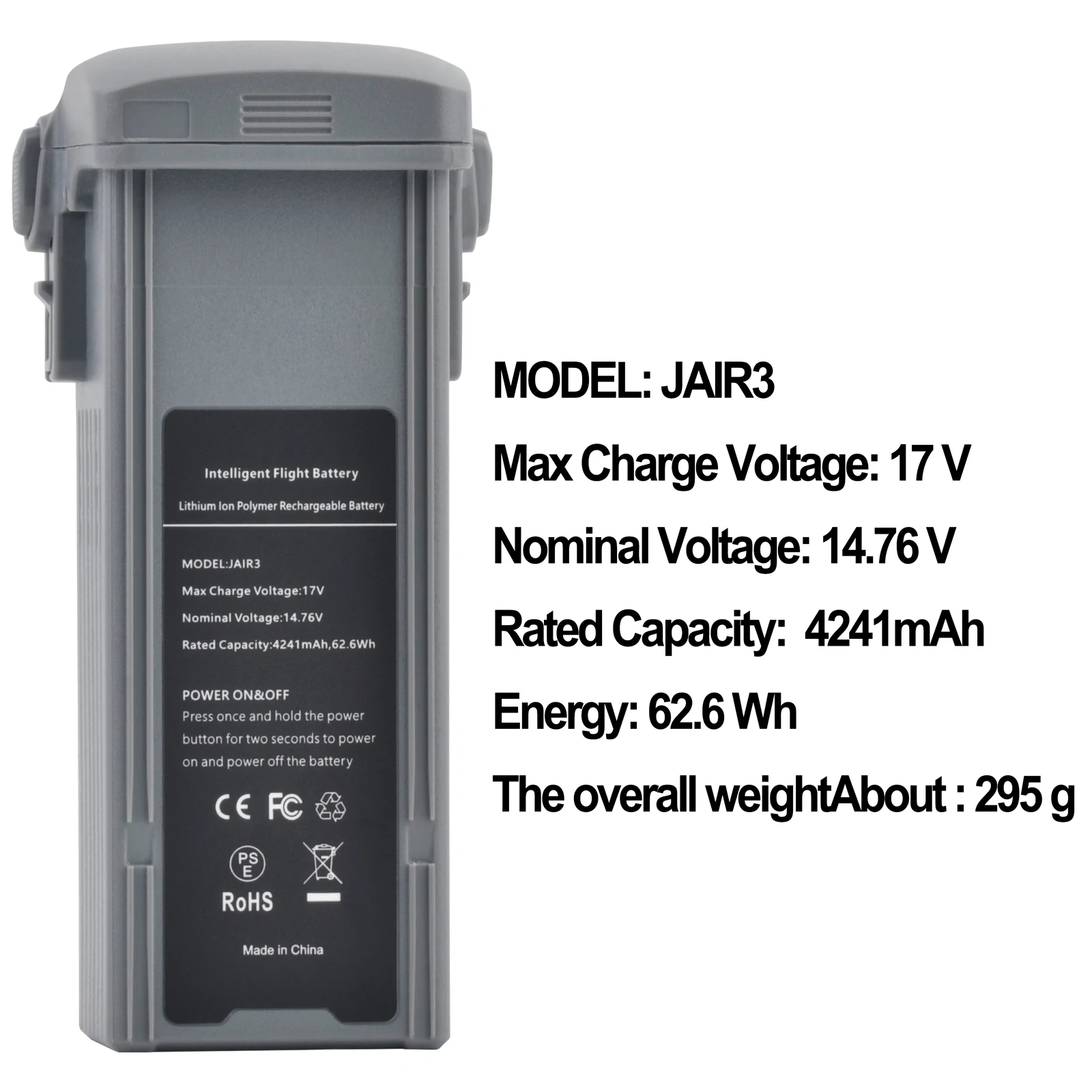 Batterie intelligente 4241mAh pour drone Air 3 inclinée, montrant son étiquette de spécifications.