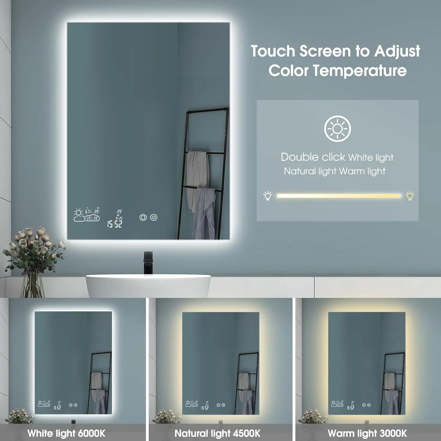 Smart Bathroom Mirror with Bluetooth 24&rdquo;X 40&rdquo; WiFi Enabled Weather Display Fog Free Backlit Frameless Brightness Adjust Memory