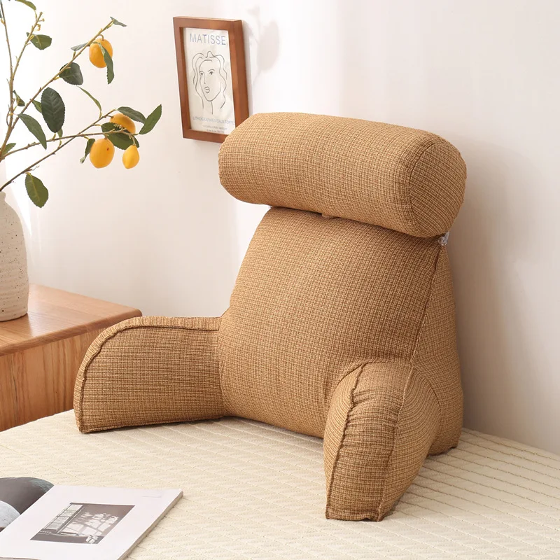 Linen Reading Pillow with Armrests and Round Pillow Pearl Cotton Inner Core Detachable Multifunctional Big Waist Pillow 