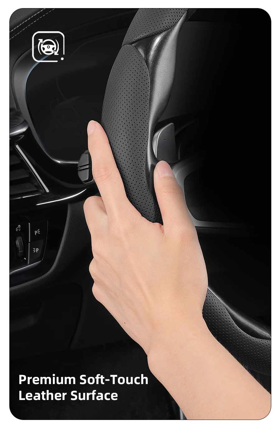Geeignet für Infiniti, atmungsaktiver Loch-Leder-Lenkradbezug, segmentiertes Schnellverschluss-Design, rutschfest und langlebig, Q50 G37 Fx35 G35 Q45 Qx50 Qx60 Qx70 Ex25 Q30 Qx80 Q60 Q70 Q80 Q35 Q50L Qx55 – Detail 5