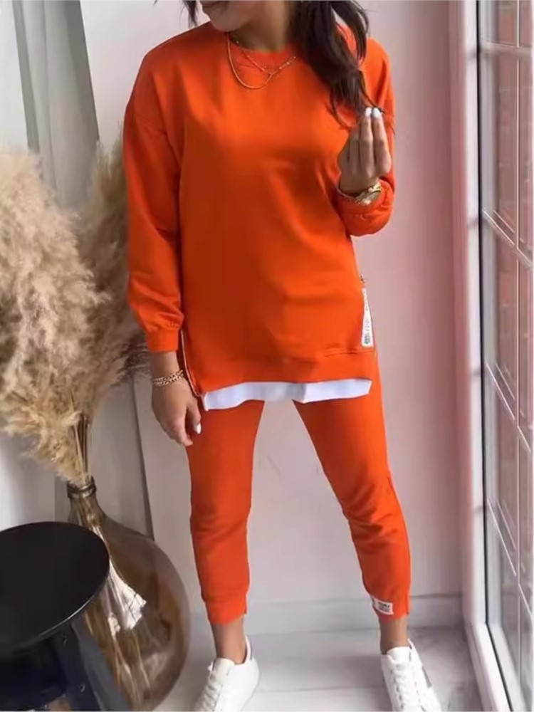 Elegant Women Patchwork Sport Outfits Casual Solid Loose Sweatshirt 2Pc Sets Fashion O-neck Side Split Pullover & Long Pant Suit