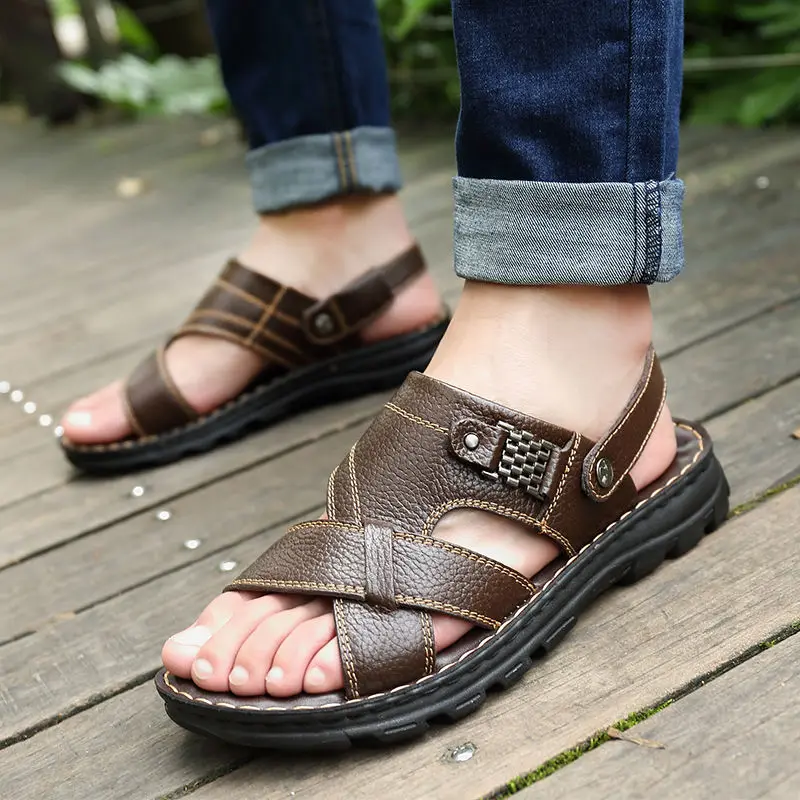 Leather Sandals Men's Summer Waterproof Non-slip Genuine Leather Sandals Soft Sole Slippers Breathable Casual Shoes
