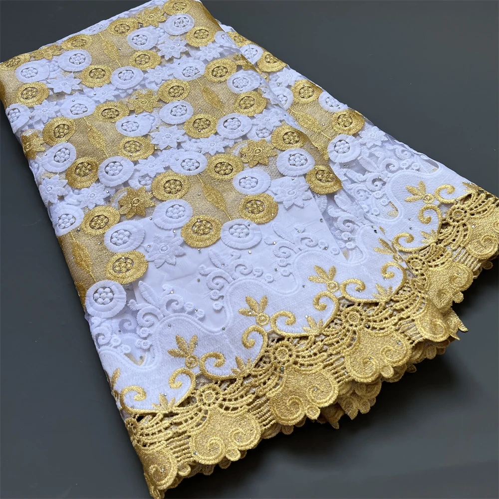 

African French Tulle Lace Fabric for Wedding, Nigerian Net Lace, Gold Sequins, 5Yards, ZJ005