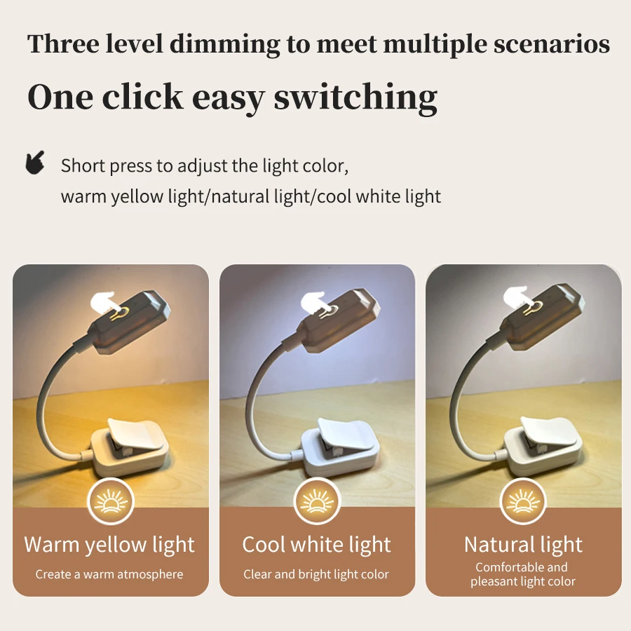 Portable Rechargeable LED Desk Lamp with Clip - Eye Protection and 3 Color Modes for Study, Reading, and Bedroom Ambiance