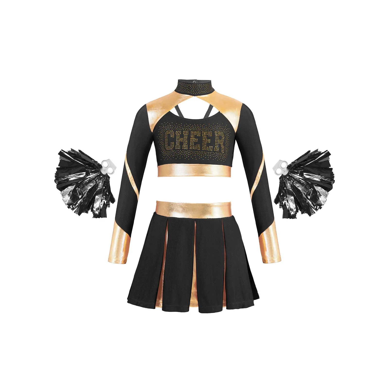 Kid Girls Dance Cheerleading Outfit Cheer Modern Dance Set Long Sleeve Rhinestones Crop Top with Pleated Skirt 2Pcs Flower Balls