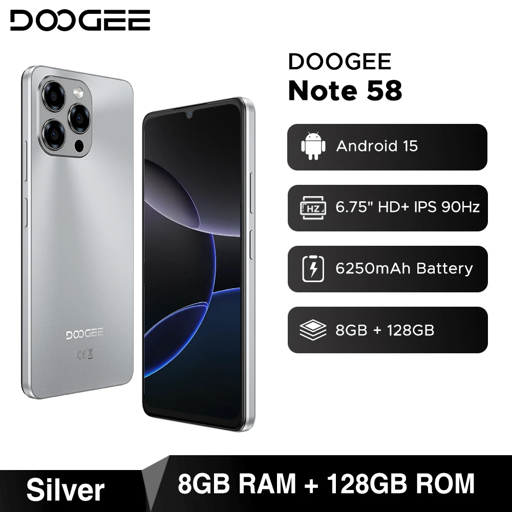 DOOGEE Note 58 シルバー 128GB / 8GB RAM Doogee note 58 smartphone 8gb ram + 128gb rom 6.75 