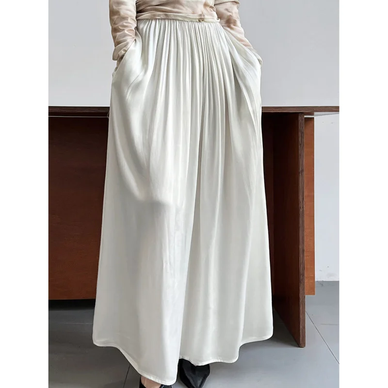 

Summer Low Waist Pleated Imitation Acetic Acid Satin Skirts Women A-line Large Swing Long Skirts For Minimalist