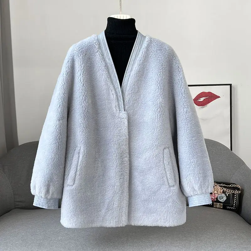 

Jackets Women 2023 Autumn Winter New Thickened V-neck Warm Coat Natural Fur Coat Jacket Women Winter Sheep Shearing Natural R31